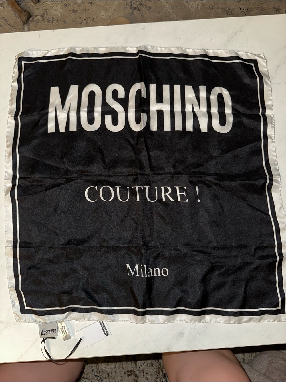 Moschino Black and White Logo Silk Scarf - Couture Milano